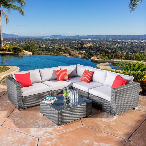 6pc Outdoor Grey Wicker Seating Sectional Set w/ Cushions - NH044692