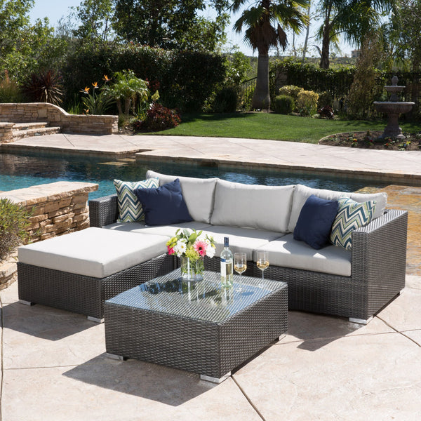 5pc Outdoor Grey Wicker Seating Sectional Set w/ Cushions - NH444692