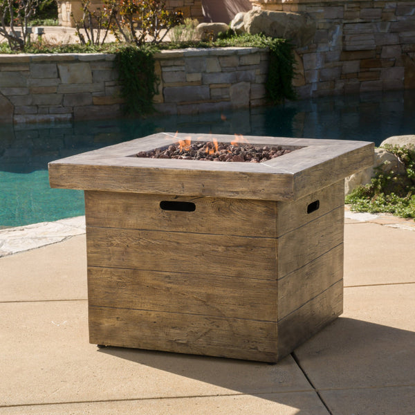 Outdoor Square Brown Lightweight Concrete Fire Pit with Wood Design - NH685692