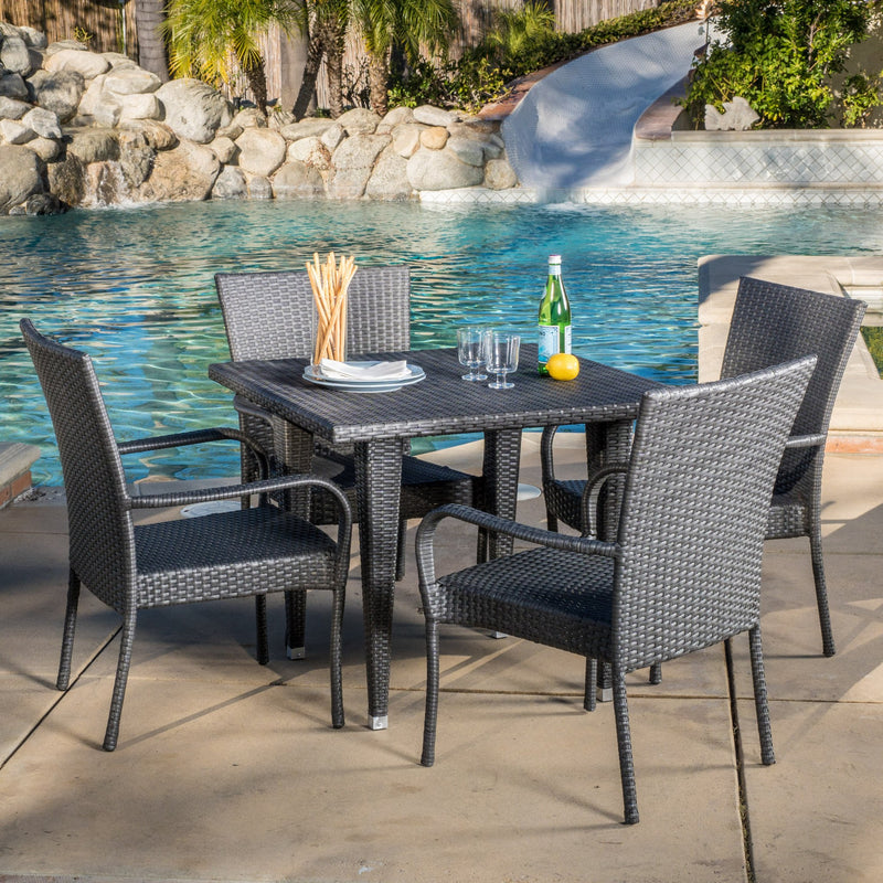 Outdoor 5-Piece Gray Wicker Dining Set with Stackable Chairs - NH486692