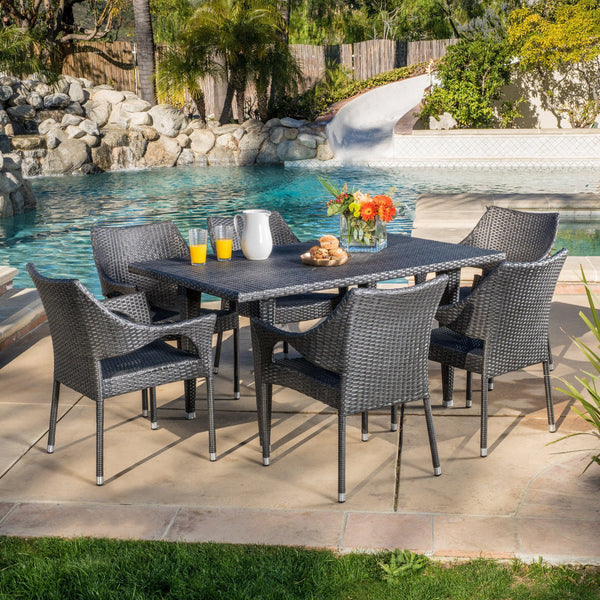 Outdoor 7-Piece Gray Wicker Dining Set with Stacking Chairs - NH096692