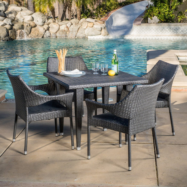 Outdoor 5-Piece Gray Wicker Dining Set with Stacking Chairs - NH196692