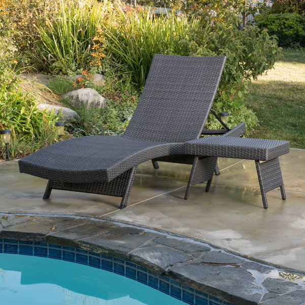 Outdoor Grey Wicker Adjustable Chaise Lounge and Table Set - NH907692