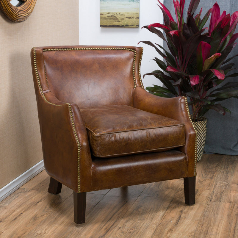 Brown Top Grain Leather Upholstered Club Chair with Nailhead Trim - NH317692