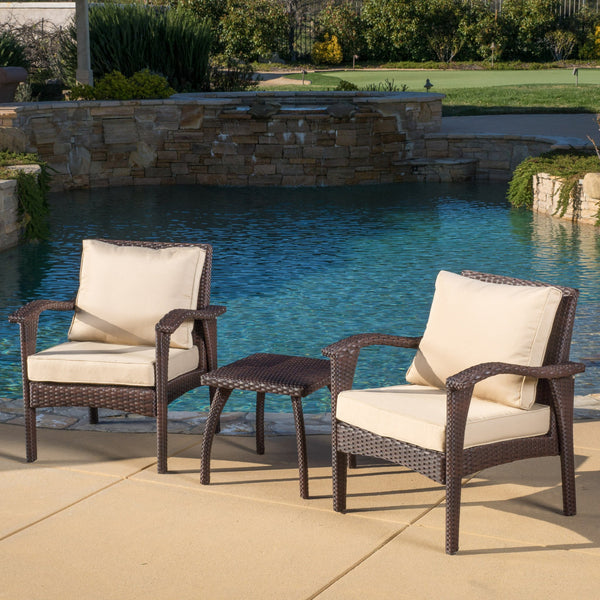 Outdoor 3-piece Brown Wicker Chat Set with Cushions - NH427692
