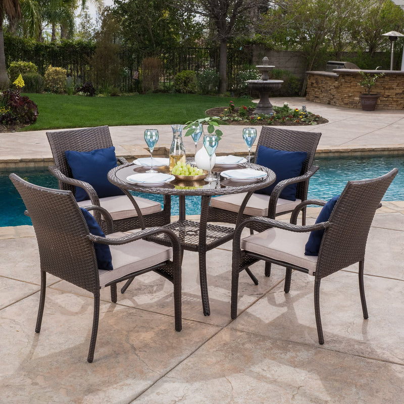 Outdoor Brown Wicker 5-piece Dining Set with Cushions - NH847692