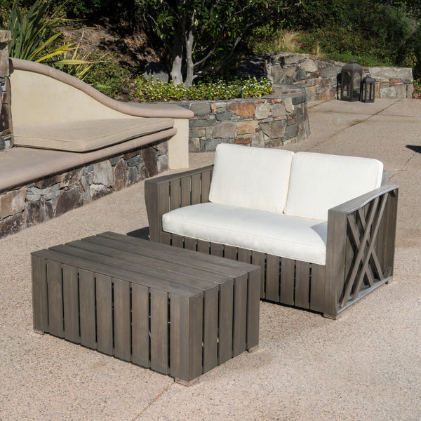 Outdoor Acacia Wood Loveseat and Coffee Table Set with Cushions - NH364303