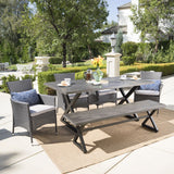 Outdoor 6 Piece Aluminum Dining Set with Bench and Wicker Dining Chairs - NH615203