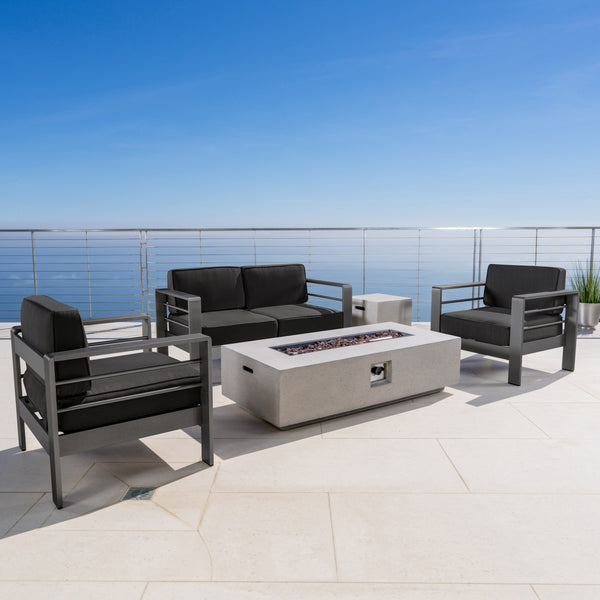 Outdoor Grey Aluminum 5 Piece Loveseat Chat Set with Fire Table - NH787103