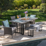 Outdoor 6 Piece Wicker Dining Set with Concrete Dining Table and Bench - NH711403