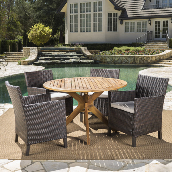 Outdoor 5 Piece Multi-brown Wicker Dining Set with Teak Finish Table - NH033203