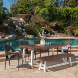 Outdoor 6 Piece Wicker Dining Set with Acacia Wood Table and Bench - NH809303