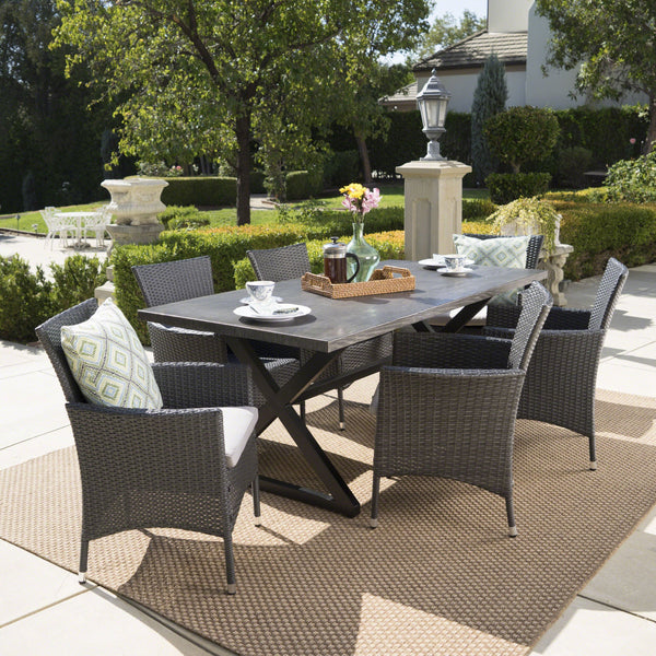 Outdoor 7 Piece Aluminum Dining Set with Wicker Dining Chairs - NH815203