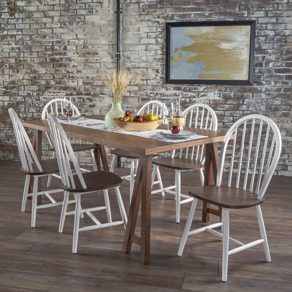 Farmhouse Cottage 7 Piece Faux Wood Dining Set with Rubberwood Chairs - NH324203