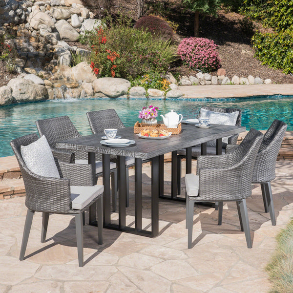 Outdoor 7 Piece Wicker Dining Set with Concrete Dining Table - NH380403