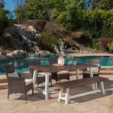 Outdoor 6 Piece Wicker Dining Set with Acacia Wood Table and Bench - NH709303