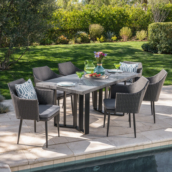 Outdoor 7 Piece Wicker Dining Set with Concrete Dining Table - NH111403