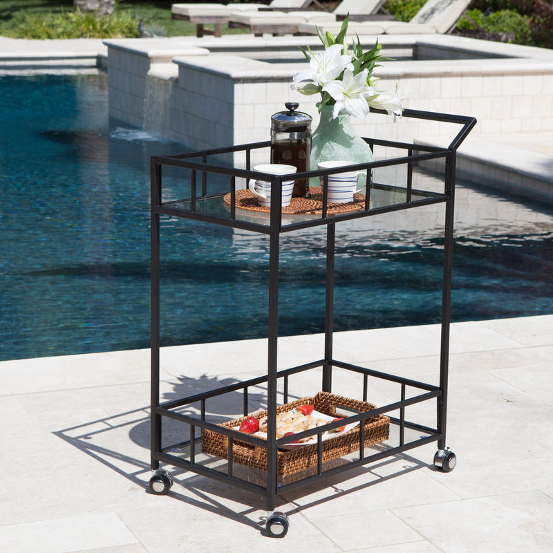 Outdoor Modern Black Metal Bar Cart with Tempered Glass Top - NH012203