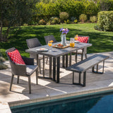 Outdoor 6 Piece Wicker Dining Set with Concrete Dining Table and Bench - NH901403