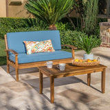 Outdoor Acacia Wood Loveseat and Coffee Table Set with Cushions - NH754303