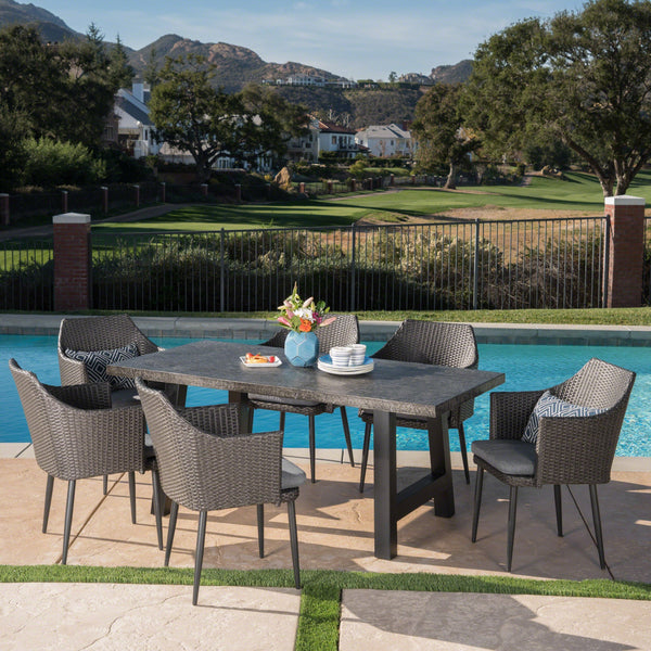 Outdoor 7 Piece Wicker Dining Set with Light Weight Concrete Dining Table - NH929303