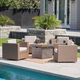 Outdoor 5 Piece Chat Set with Brown Wicker Club Chairs and Fire Pit - NH552203