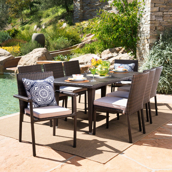 Outdoor 9 Piece Wicker Dining Set with Water Resistant Cushions - NH496203