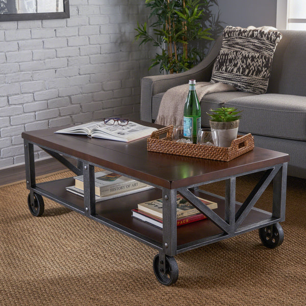 Industrial Faux Wood Coffee Table with Antique Black Iron Frame - NH672303
