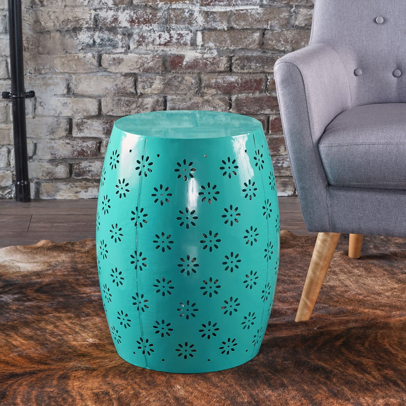 Modern Floral Lace Cut Iron Drum Shaped Accent Table - NH177103