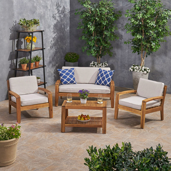 Patio Acacia Wood 4-Seater Conversation Set with Coffee Table and Sunbrella Cushions - NH562703