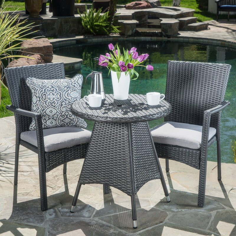 Outdoor 3 Piece Grey Wicker Dining Set with Cushions - NH002003
