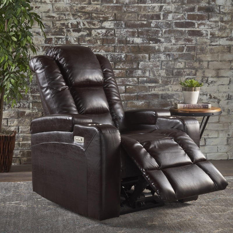 Brown Leather Power Recliner With Storage, Cup Holder, and USB Charger - NH640203