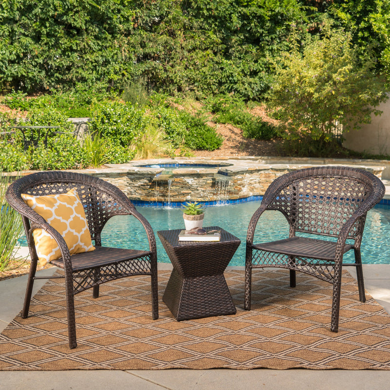 Outdoor 3 Piece Multi-Brown Wicker Chat Set with Stacking Chairs - NH574103