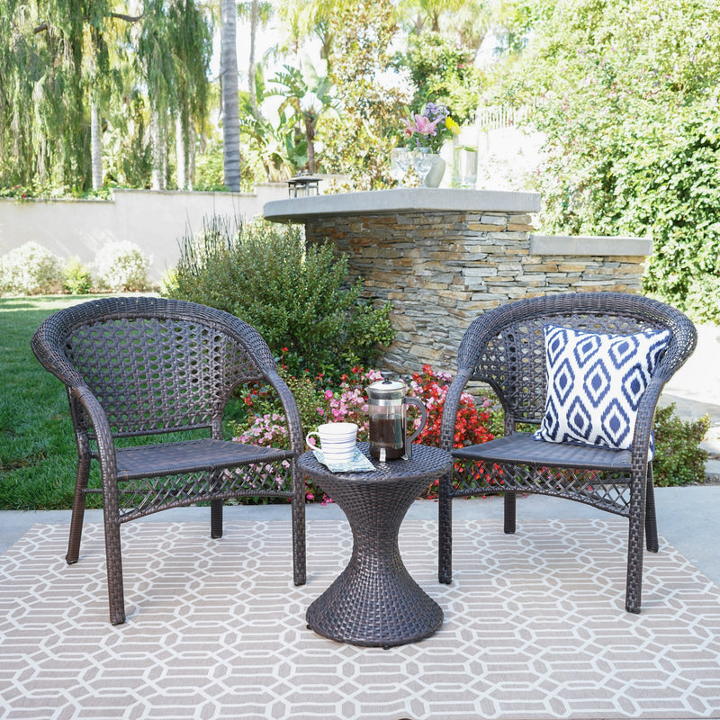 Outdoor 3 Piece Multi-Brown Wicker Chat Set with Stacking Chairs - NH284103
