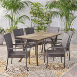 Outdoor 7 Piece Wood and Wicker Dining Set, Gray and Gray - NH721503