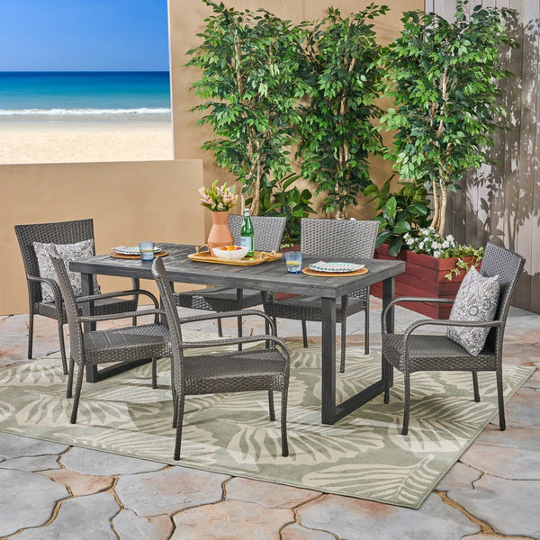 Outdoor 7 Piece Acacia Wood Dining Set with Stacking Wicker Chairs, Sandblast Dark Gray and Gray - NH932603