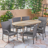 Outdoor 7 Piece Wood and Wicker Dining Set, Gray Finish and Gray - NH862503
