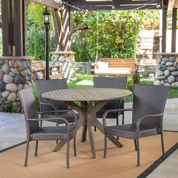 Outdoor 5 Piece Wood and Wicker Dining Set, Gray and Gray - NH701503