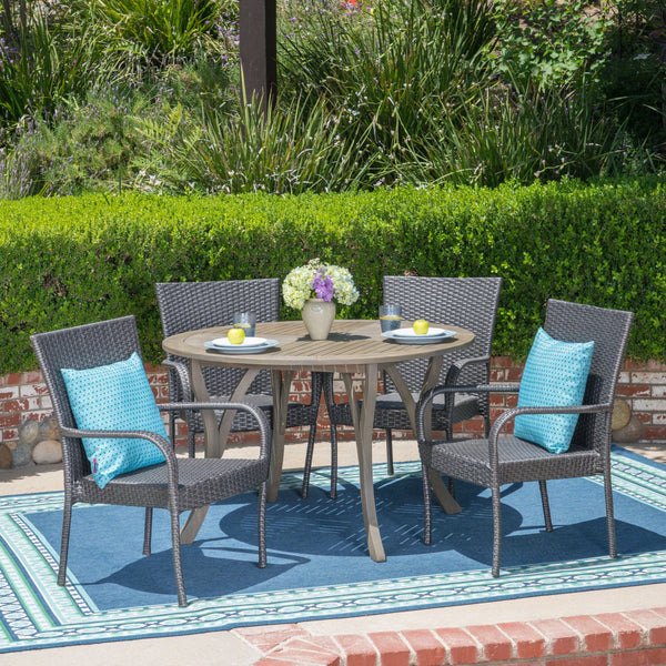 Outdoor 5 Piece Acacia Wood and Wicker Dining Set - NH710503