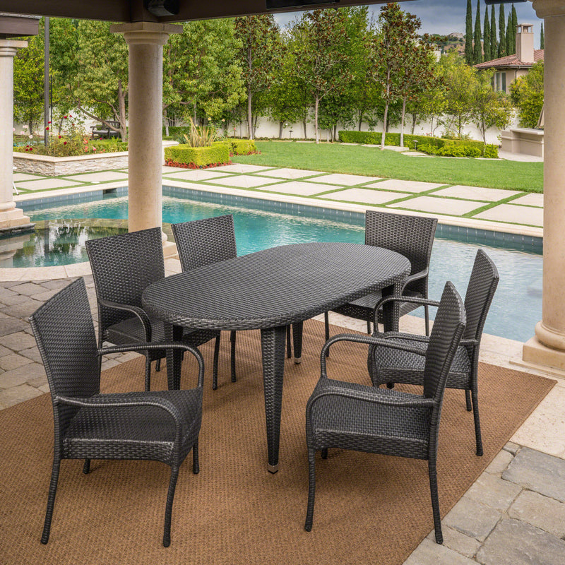 Outdoor 7 Piece Gray Wicker Oval Dining Set with Stacking Chairs - NH636203