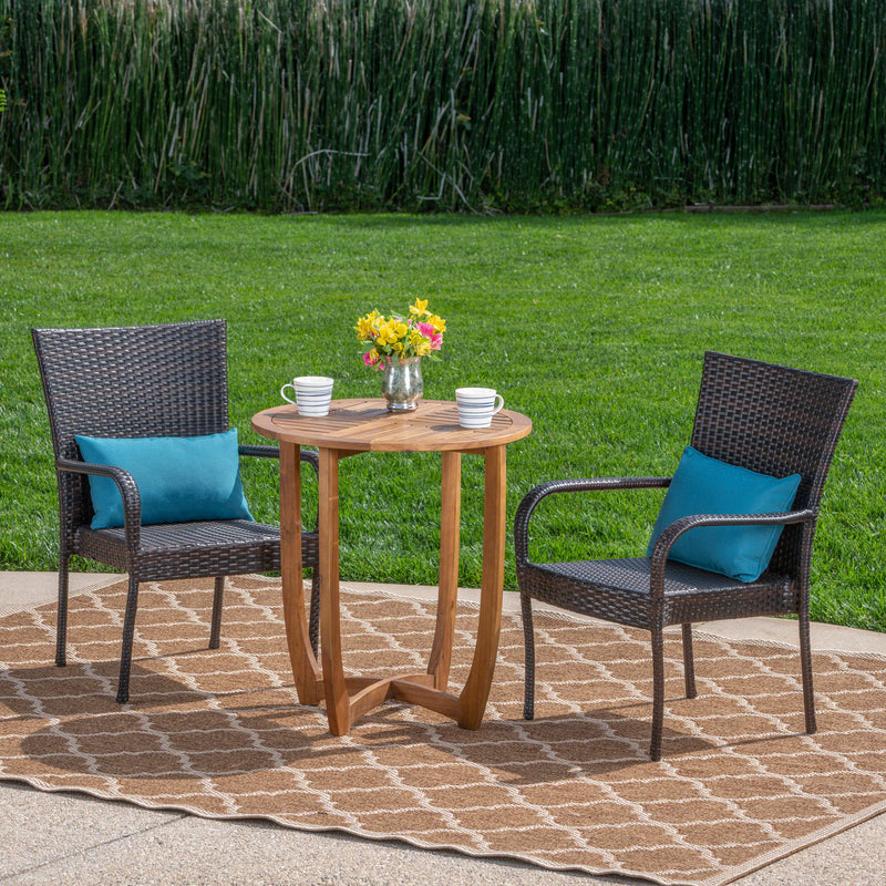 Outdoor 3 Piece Acacia Wood/ Wicker Bistro Set, Teak Finish and Multibrown - NH892403