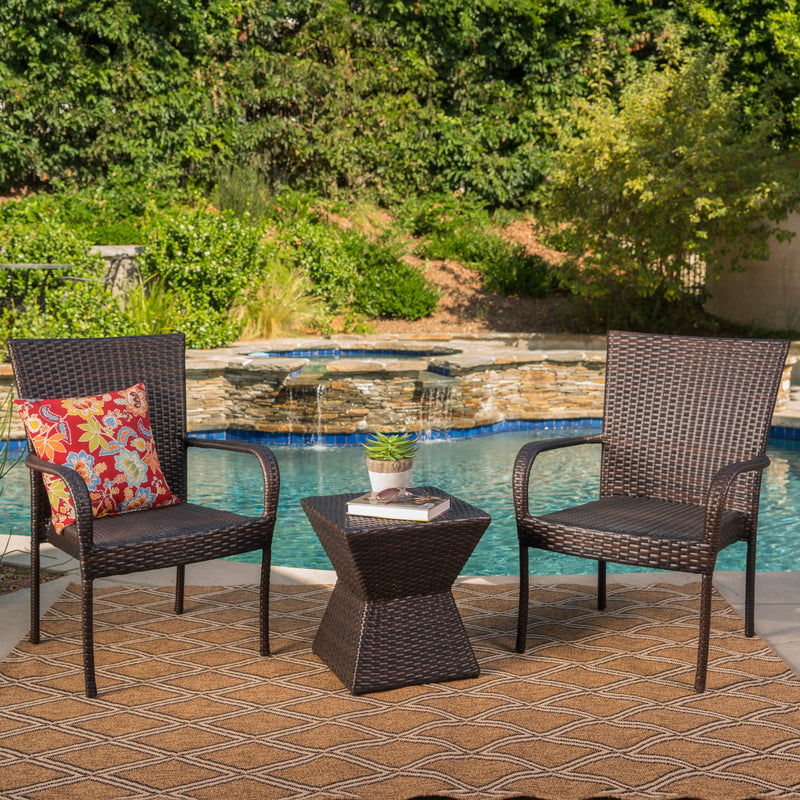 Outdoor 3 Piece Multi-Brown Wicker Chat Set with Stacking Chairs - NH674103