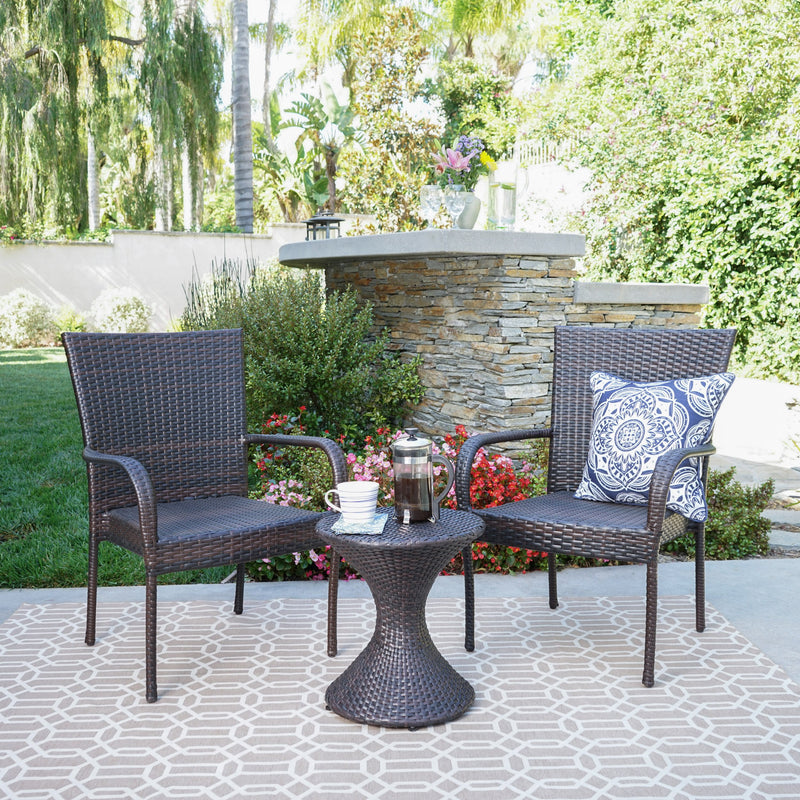 Outdoor 3 Piece Multi-Brown Wicker Chat Set with Stacking Chairs - NH384103
