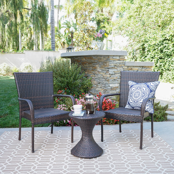 Outdoor 3 Piece Multi-Brown Wicker Chat Set with Stacking Chairs - NH384103