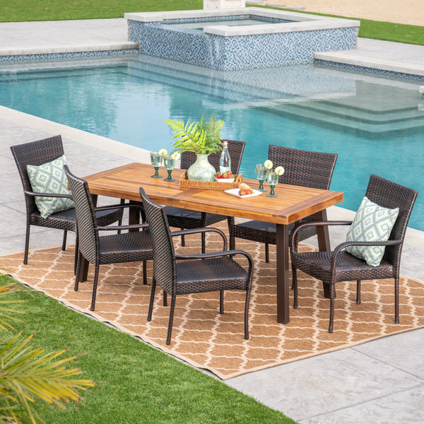 Outdoor 7 Piece Acacia Wood/ Wicker Dining Set, Teak Finish and Multibrown - NH013403