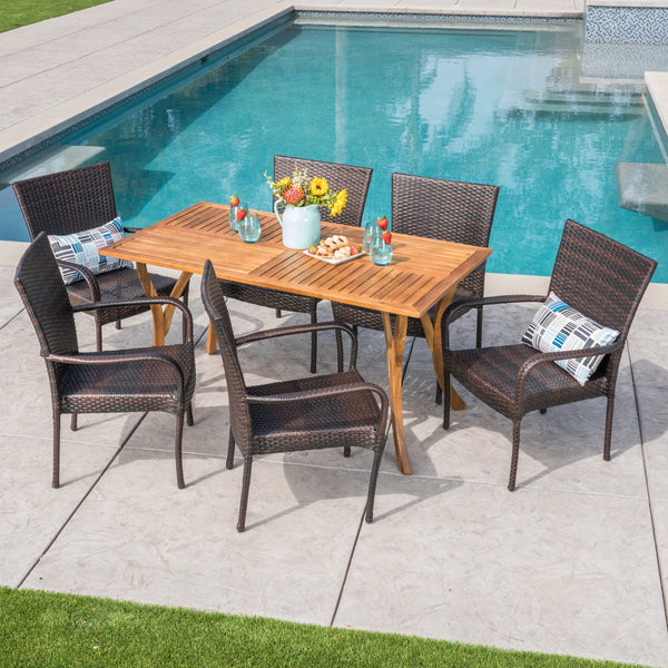 Outdoor 7 Piece  Acacia Wood/ Wicker Dining Set, Teak Finish and Multibrown - NH492403