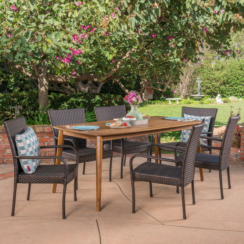 Outdoor 7 Piece Multibrown Wicker Dining Set with Teak Finish Rectangular Acacia Wood Dining Table - NH391403