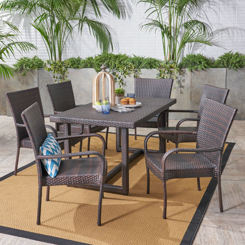 Outdoor Transitional 7-Piece Multi-Brown Wicker Dining Set - NH527403