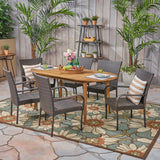 Outdoor 7 Piece Acacia Wood Dining Set with Stacking Wicker Chairs - NH532603