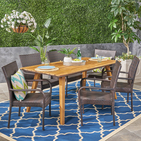 Outdoor 7 Piece Acacia Wood Dining Set with Stacking Wicker Chairs, Teak and Gray - NH852603